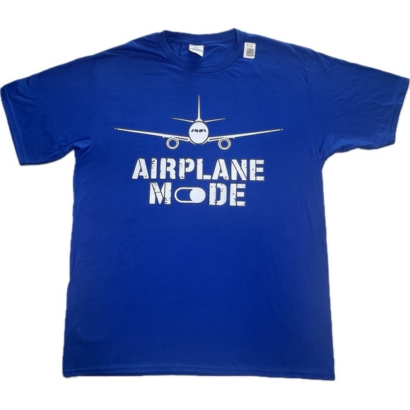 New AIRPLANE MODE T-shirt Aviation Plane Tee Blue White Large L Port & Company - Picture 1 of 9